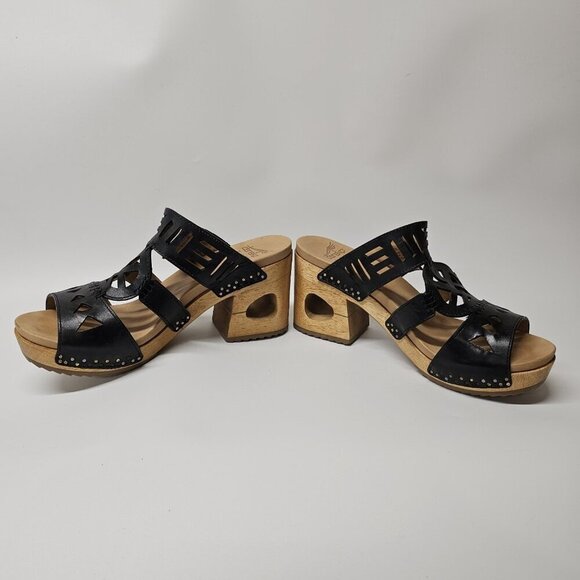 Dankso Oralee Black Leather Cut Out Wood Platform Sandals Boho Chic 39/8.5-9 - Picture 6 of 11